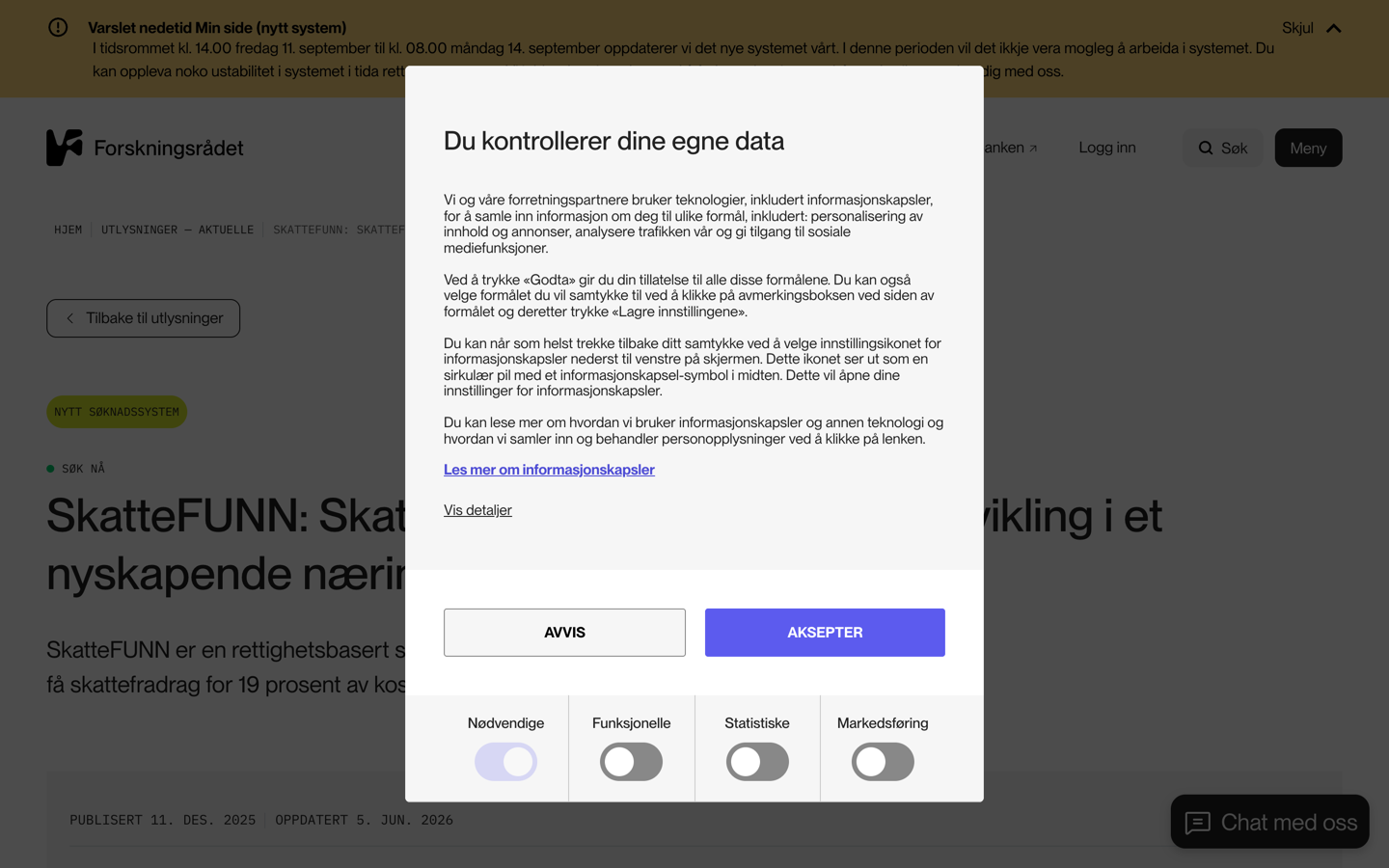 SkatteFUNN-utlysningen på forskningsradet.no med knappen Opprett søknad