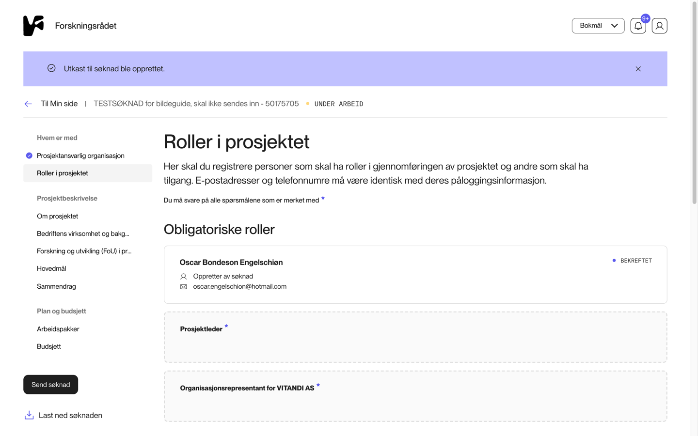 Rollesiden i søknaden med de obligatoriske rollene prosjektleder og organisasjonsrepresentant