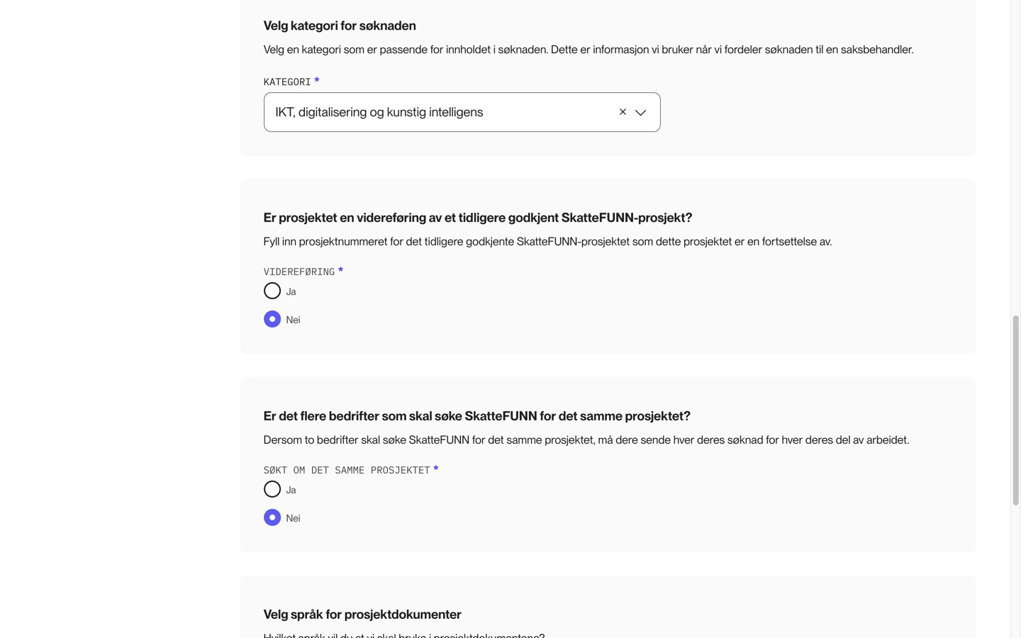 Seksjonen Om prosjektet med kortnavn, fagkoder og kategori utfylt