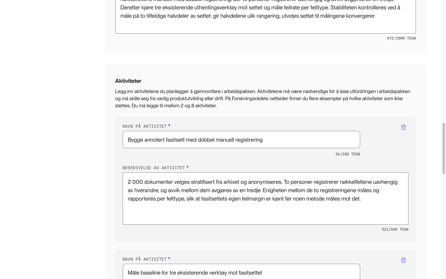 Aktivitetene i arbeidspakken med navn og beskrivelse